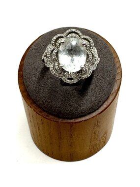 Sterling Silver 925 Oval White Topaz Prong Set Statement Ring Size 6.75
